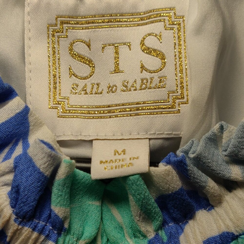 Sail To Sable Blue Palm Print Flutter Sleeve Ruff… - image 2